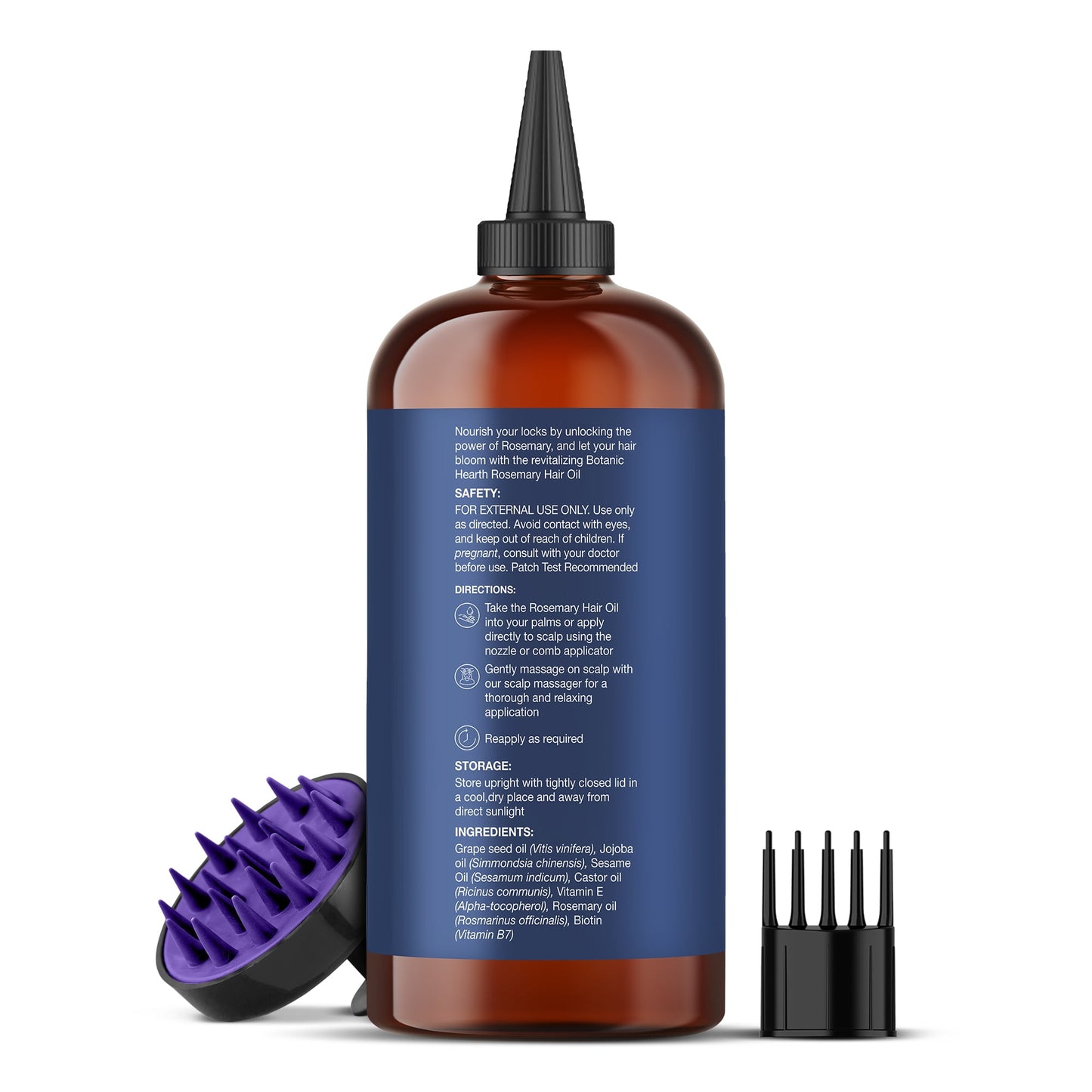 Rosemary 16 Fl Oz HAIR OIL (Carrier Oil PET Bottle Packging + Ambered Colour + Inner Plug + Nozzle + Combo Applicator + with Scalp Massager +Shrink Sleeve without Monocarton