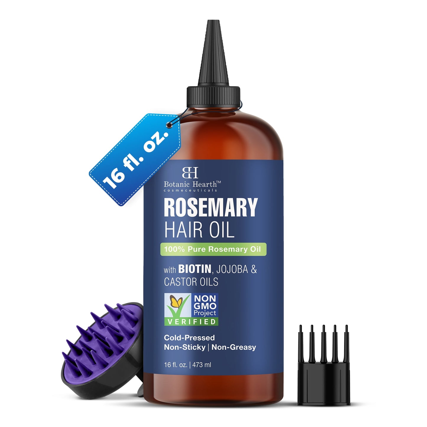Rosemary 16 Fl Oz HAIR OIL (Carrier Oil PET Bottle Packging + Ambered Colour + Inner Plug + Nozzle + Combo Applicator + with Scalp Massager +Shrink Sleeve without Monocarton
