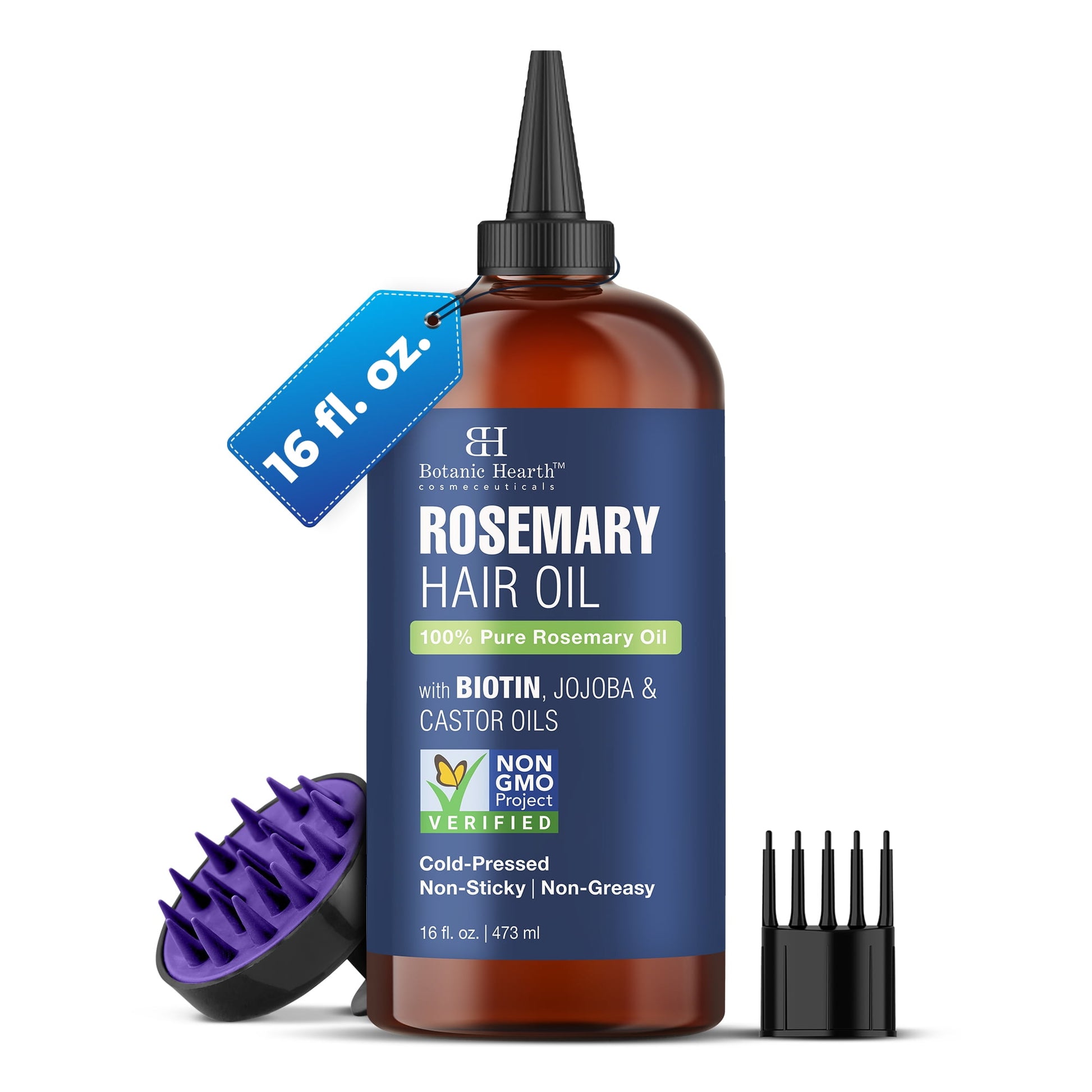 Rosemary 16 Fl Oz HAIR OIL (Carrier Oil PET Bottle Packging + Ambered Colour + Inner Plug + Nozzle + Combo Applicator + with Scalp Massager +Shrink Sleeve without Monocarton