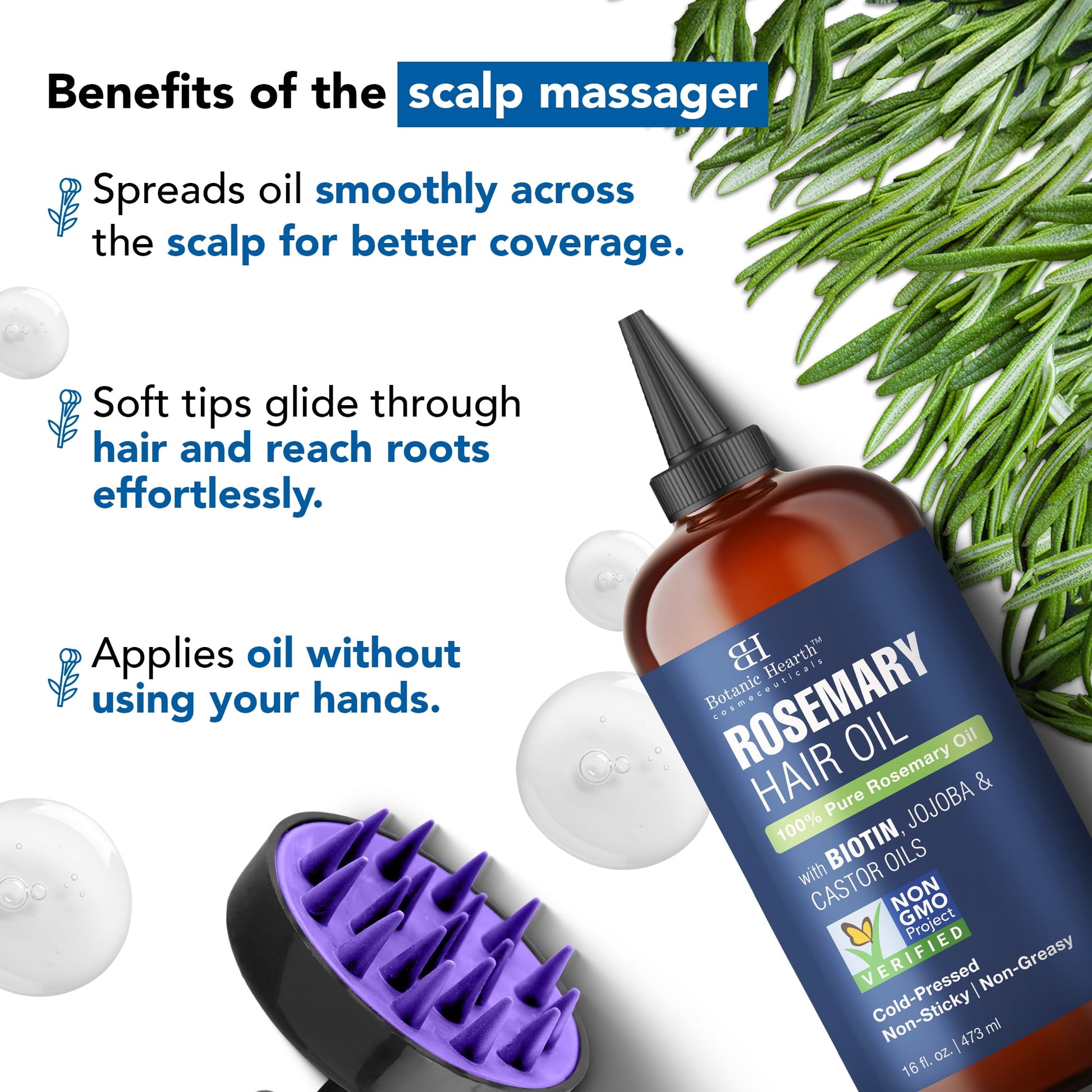 Rosemary 16 Fl Oz HAIR OIL (Carrier Oil PET Bottle Packging + Ambered Colour + Inner Plug + Nozzle + Combo Applicator + with Scalp Massager +Shrink Sleeve without Monocarton