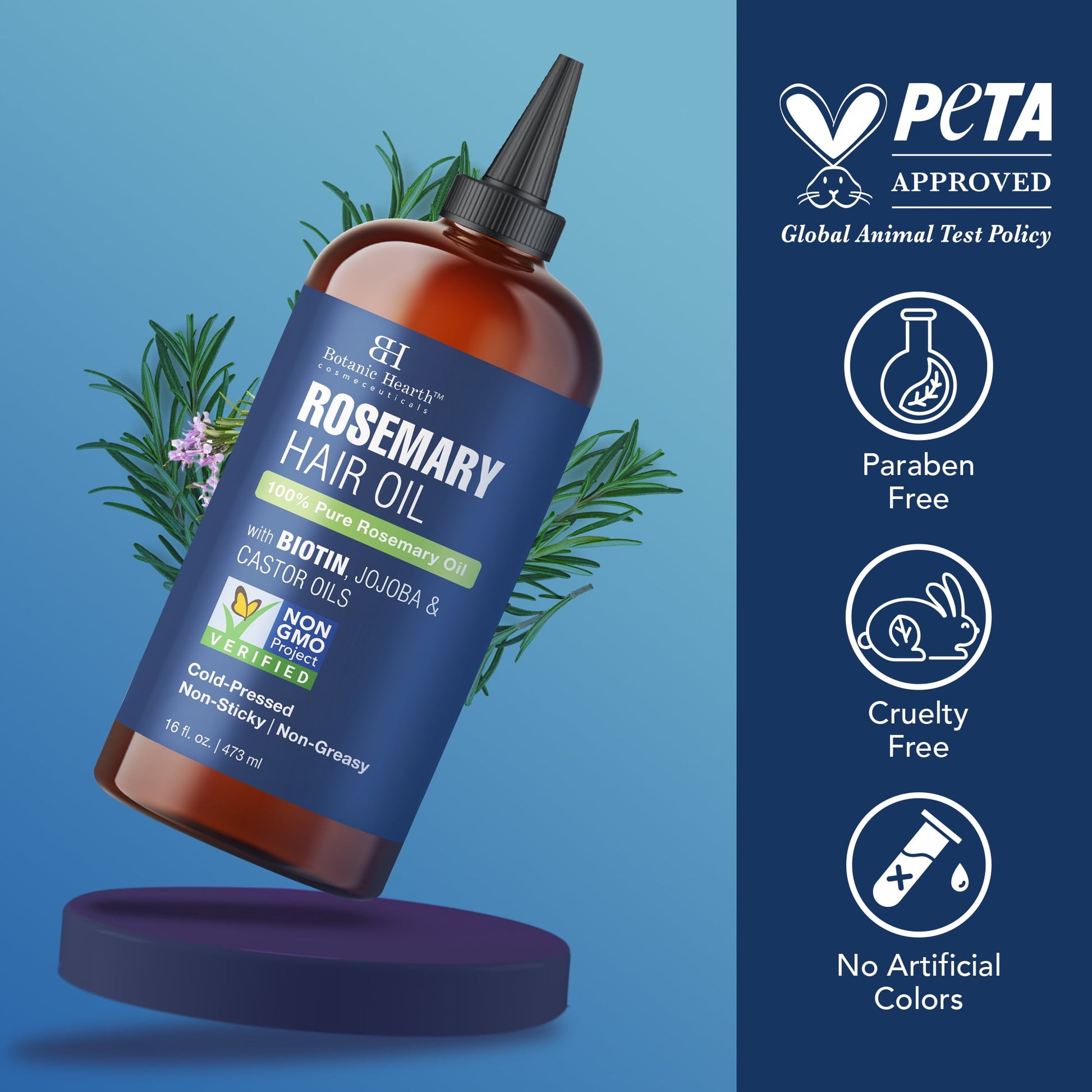 Rosemary 16 Fl Oz HAIR OIL (Carrier Oil PET Bottle Packging + Ambered Colour + Inner Plug + Nozzle + Combo Applicator + with Scalp Massager +Shrink Sleeve without Monocarton