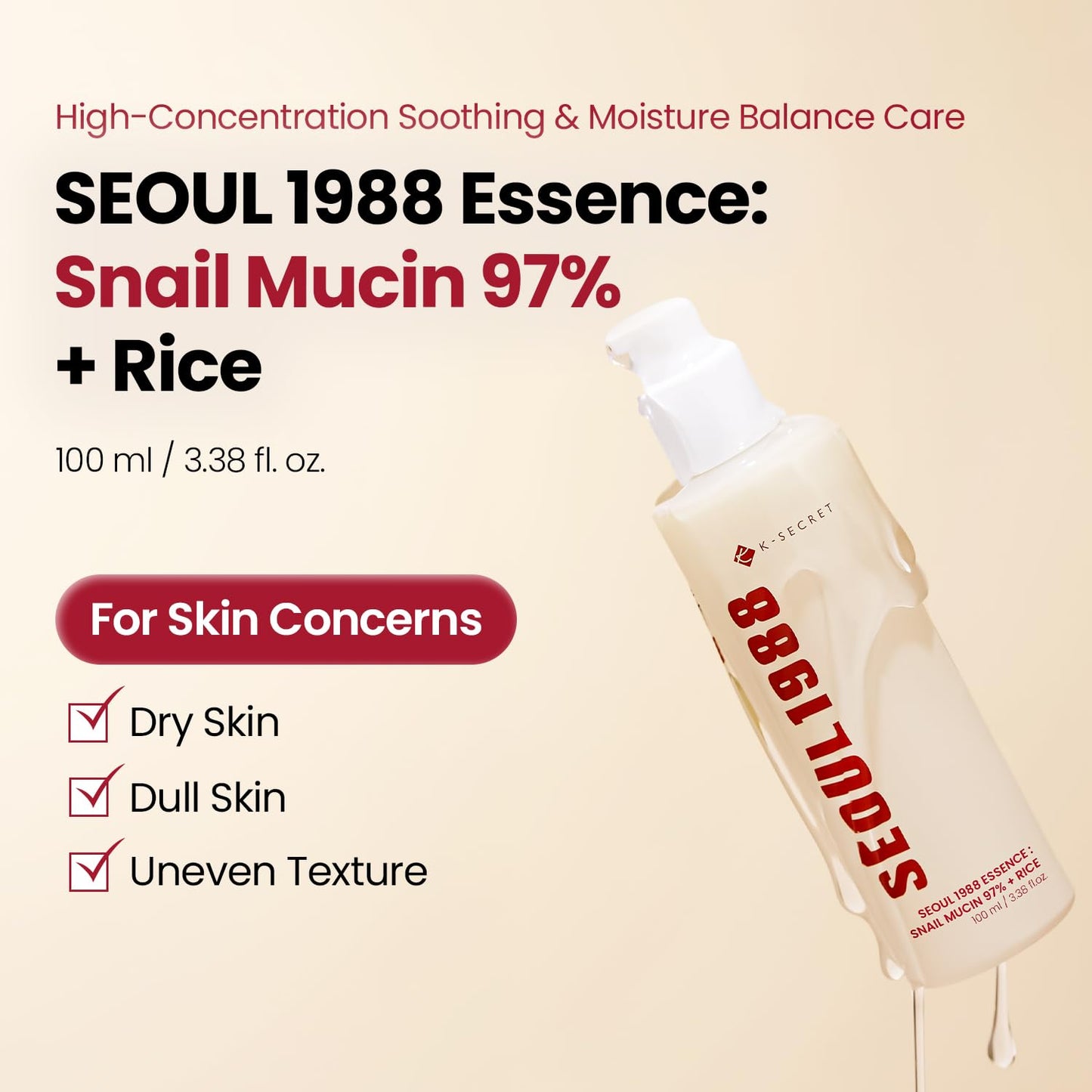 SEOUL 1988 Snail Mucin 97% Essence – Concentrated yet Lightweight Formula Infused with 97% Snail Mucin | Soothing & Fast-Absorbing Facial Serum | Korean Skincare, 100Ml / 3.38 Fl Oz