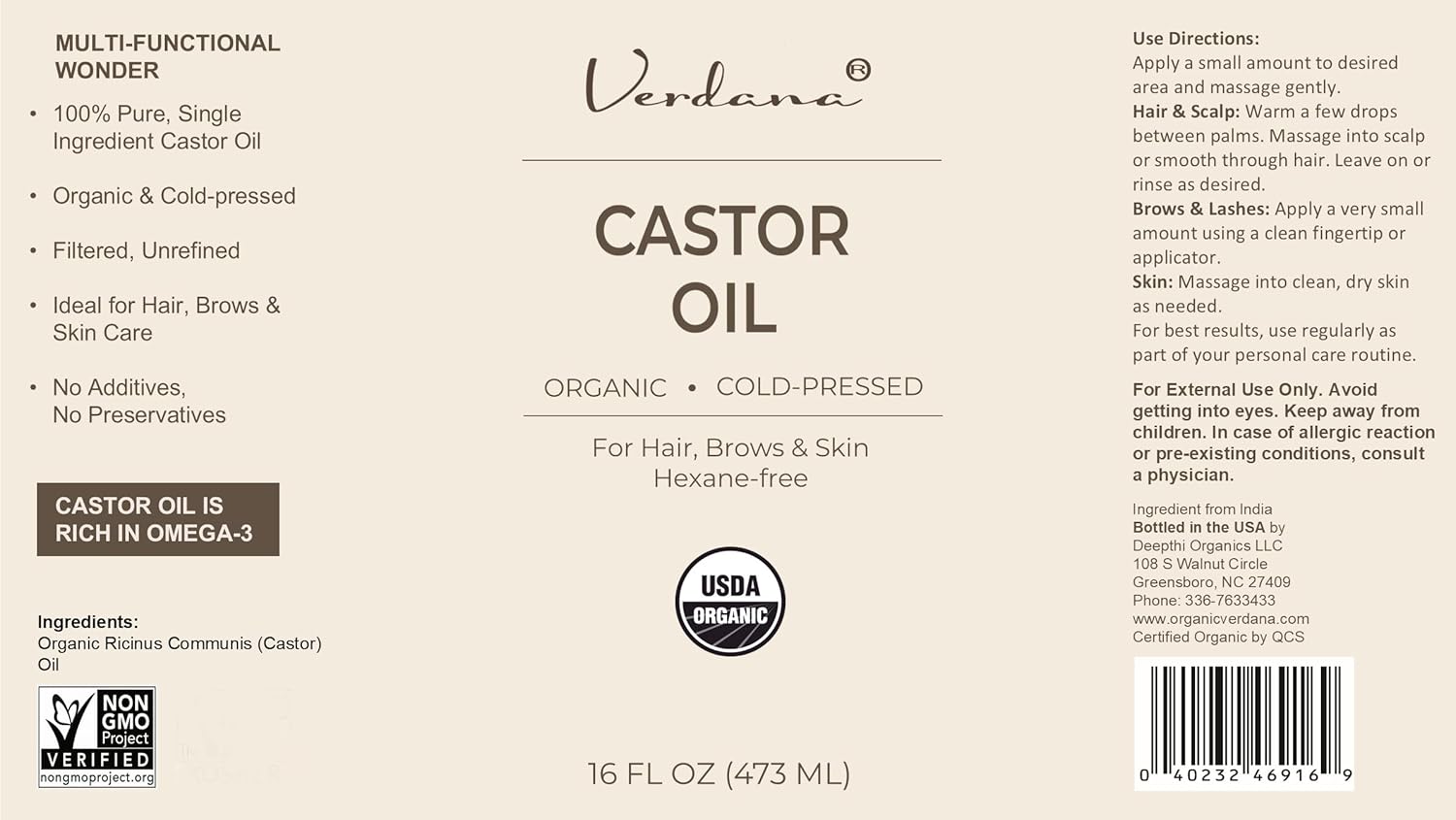 Organic Castor Oil, Cold Pressed & Hexane Free – for Hair & Scalp Care, Eyelashes, Eyebrows & Skin Moisturizing – USDA Certified, Pure & Natural – 16 Fl Oz