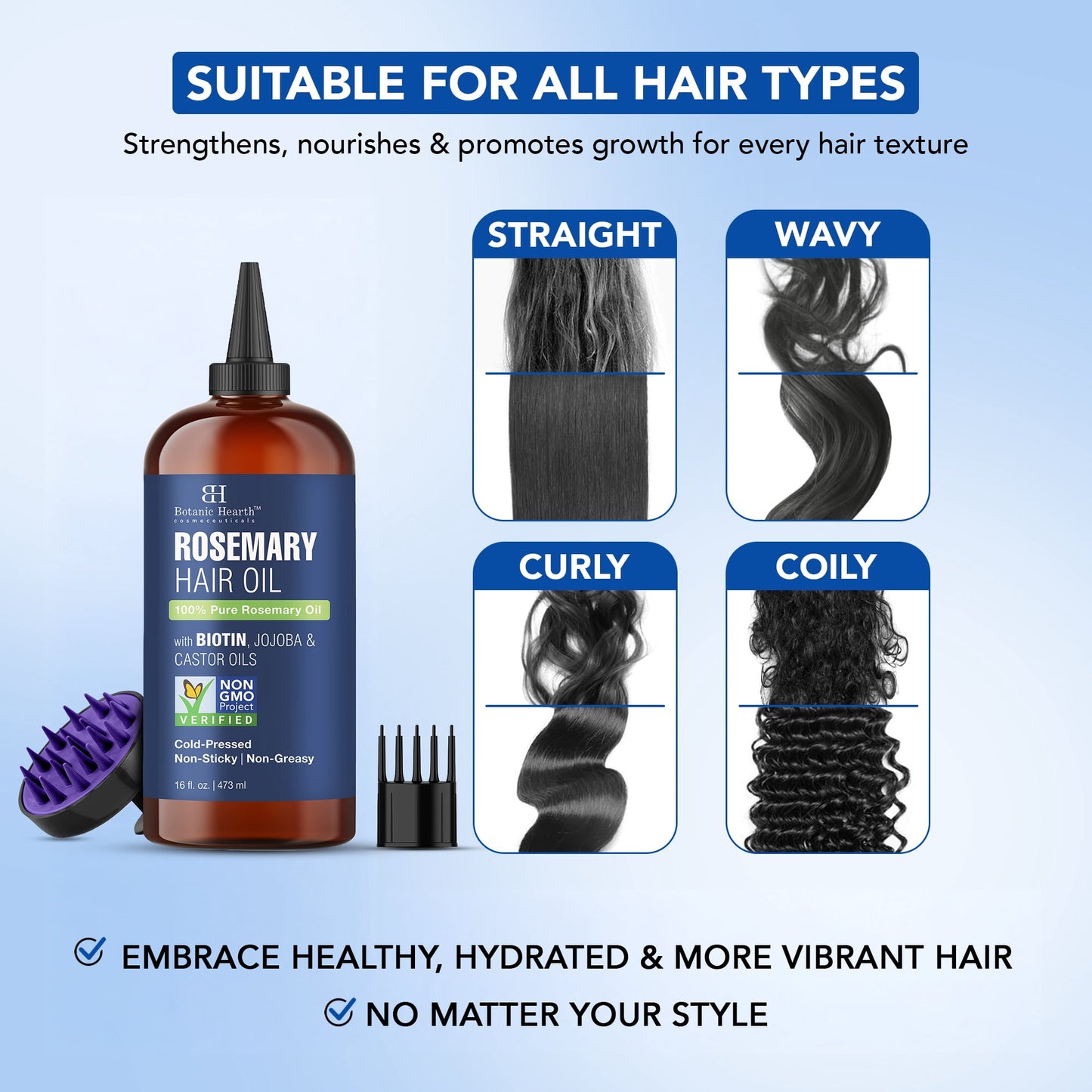 Rosemary 16 Fl Oz HAIR OIL (Carrier Oil PET Bottle Packging + Ambered Colour + Inner Plug + Nozzle + Combo Applicator + with Scalp Massager +Shrink Sleeve without Monocarton