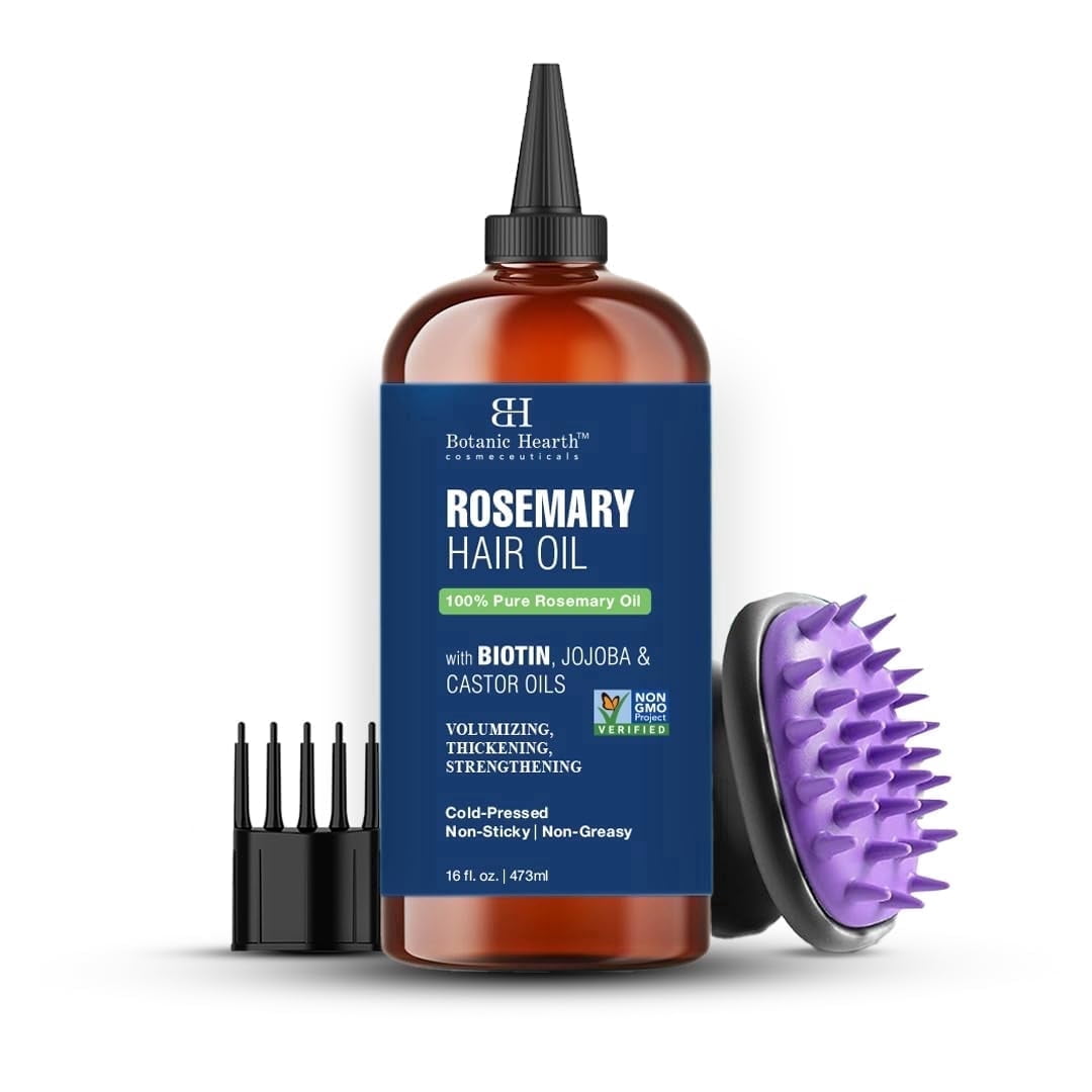 Rosemary 16 Fl Oz HAIR OIL (Carrier Oil PET Bottle Packging + Ambered Colour + Inner Plug + Nozzle + Combo Applicator + with Scalp Massager +Shrink Sleeve without Monocarton