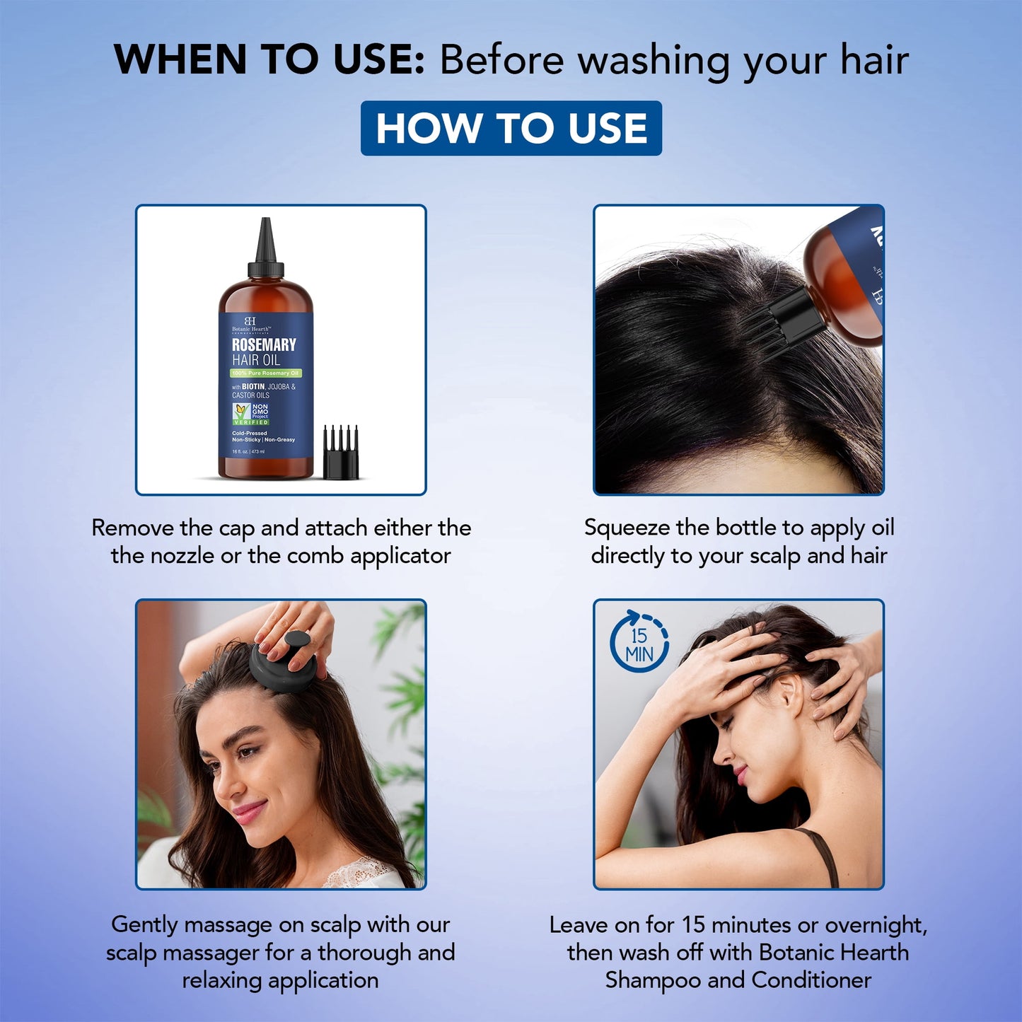 Rosemary 16 Fl Oz HAIR OIL (Carrier Oil PET Bottle Packging + Ambered Colour + Inner Plug + Nozzle + Combo Applicator + with Scalp Massager +Shrink Sleeve without Monocarton