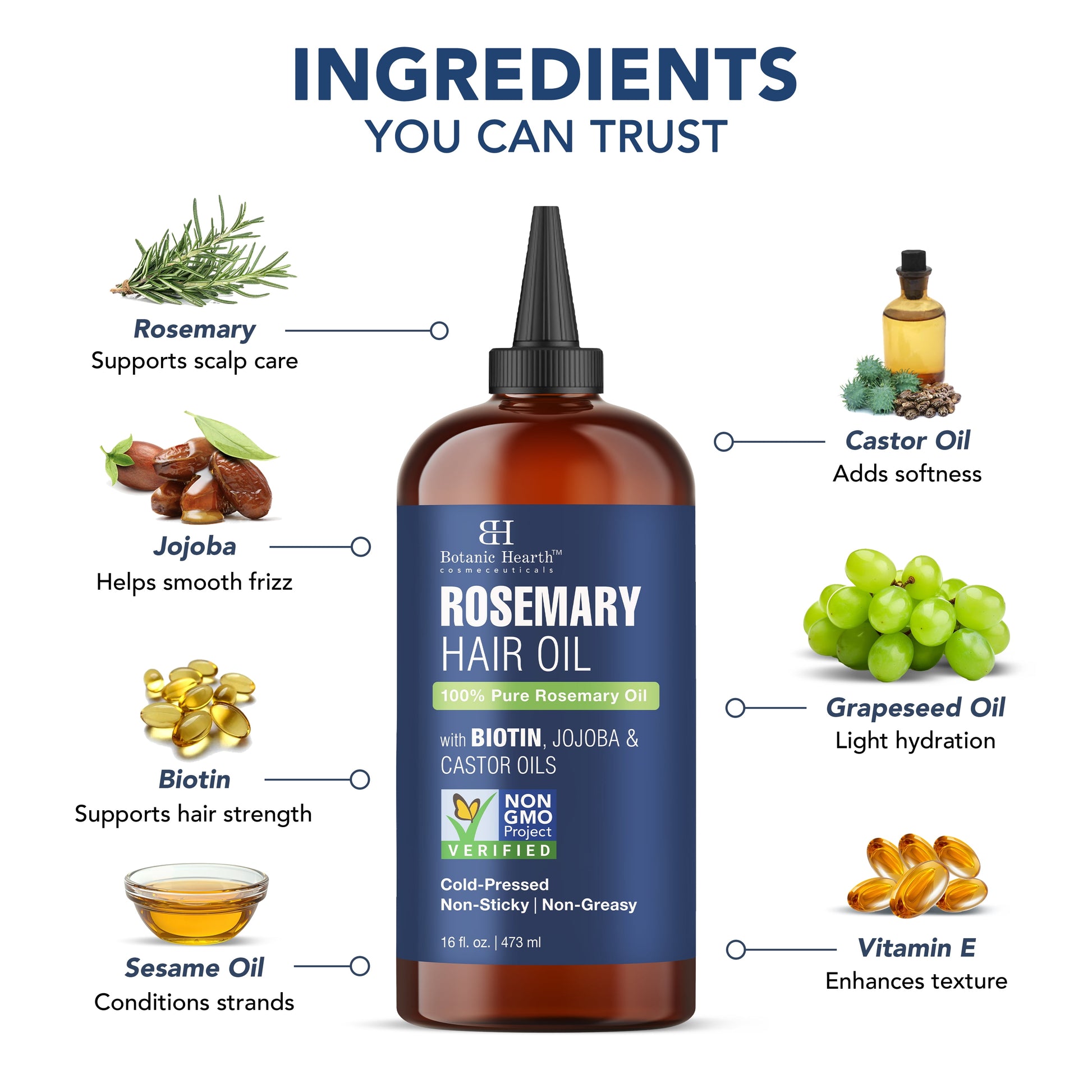 Rosemary 16 Fl Oz HAIR OIL (Carrier Oil PET Bottle Packging + Ambered Colour + Inner Plug + Nozzle + Combo Applicator + with Scalp Massager +Shrink Sleeve without Monocarton